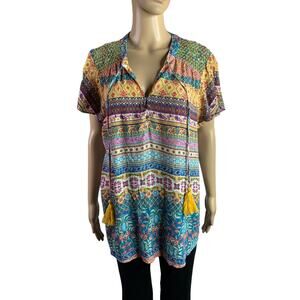 One World Women's XL Blouse Boho Metallic Threading Short Sleeve V Neck Tassels